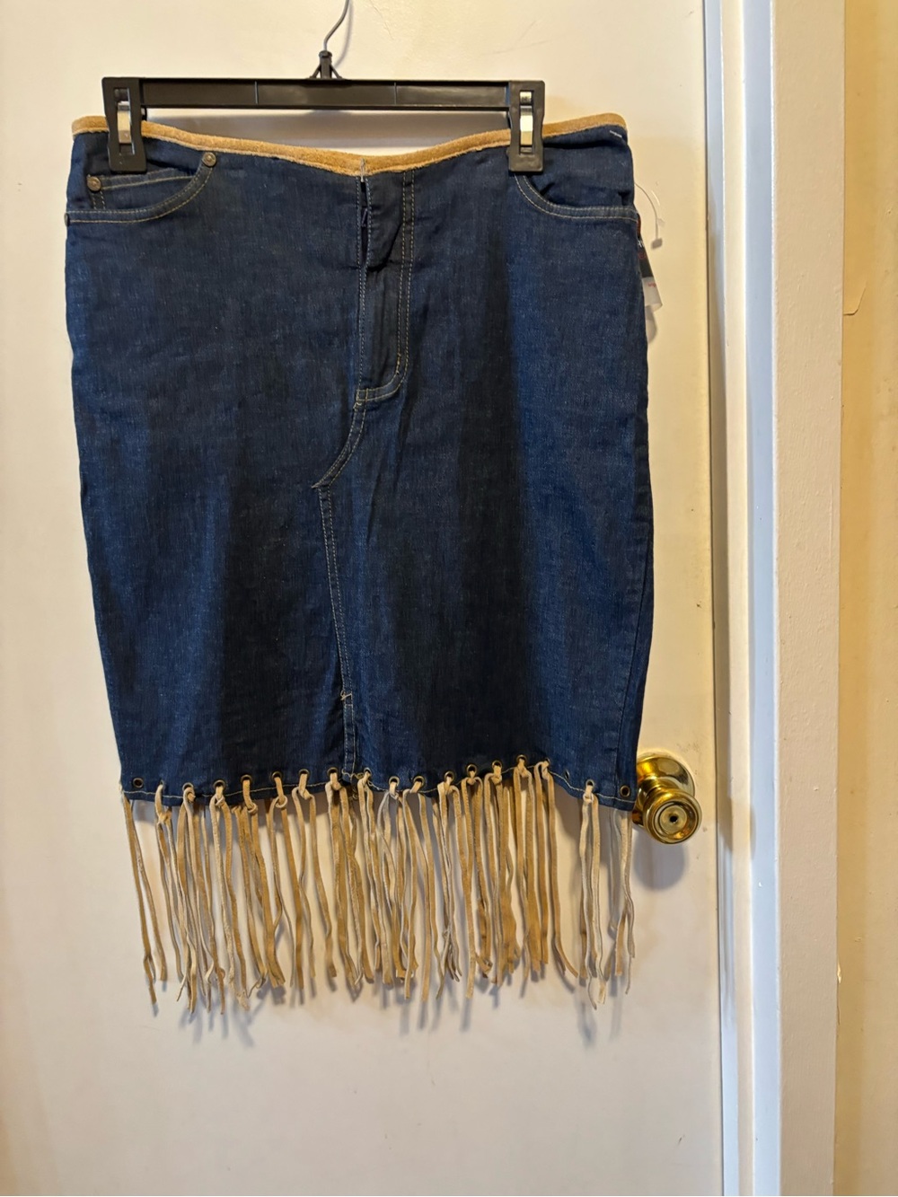 Dark Blue Denim Midi Skirt with Cream Fringe Trim